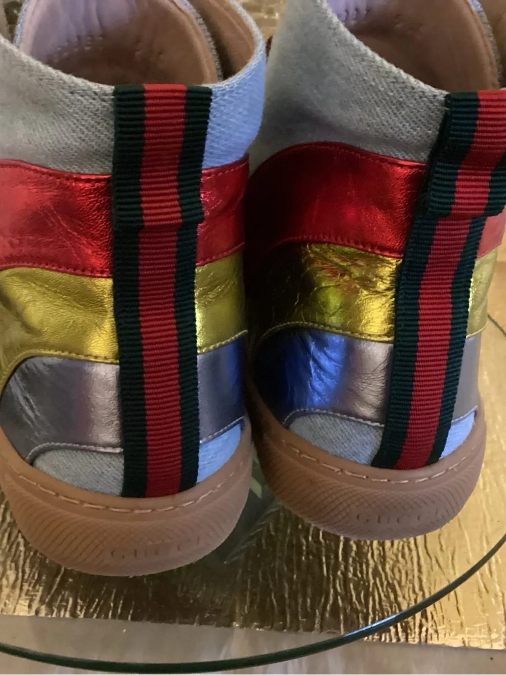 Gucci Light Blue Denim High-Top Sneakers with Red, Gold, Silver Accents